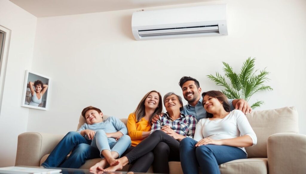 Famille profitant du confort d'une climatisation réversible installée par Climatisation Solutions Famille profitant du confort d'une climatisation réversible installée par Climatisation Solutions