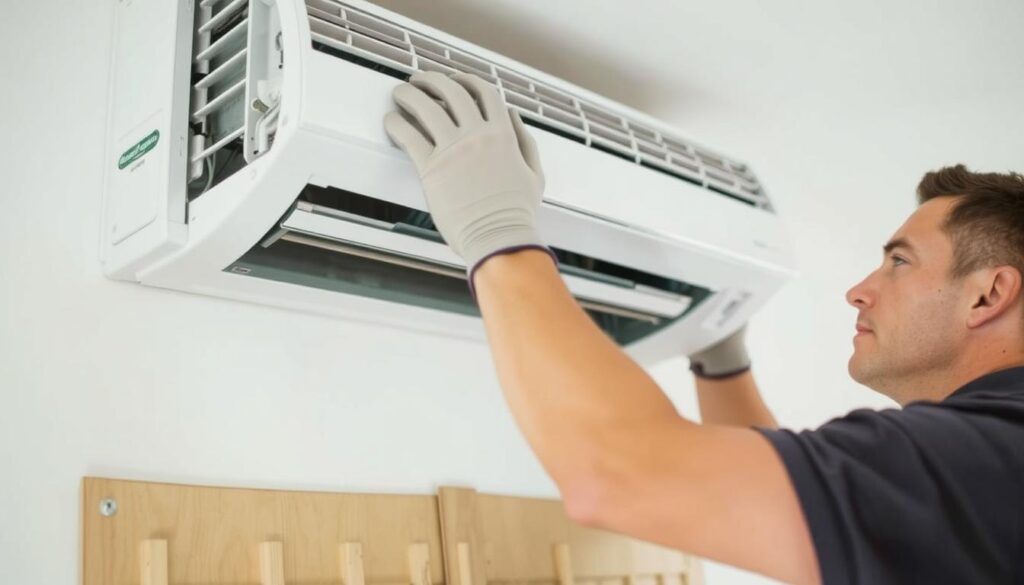 Technicien Climatisation Solutions installant une unité de climatisation avec soin et précision Technicien Climatisation Solutions installant une unité de climatisation avec soin et précision