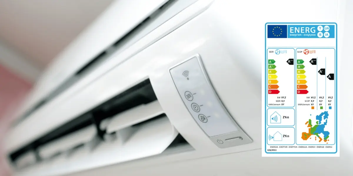 Image d'un label énergétique de climatiseur affichant les indices SEER et SCOP